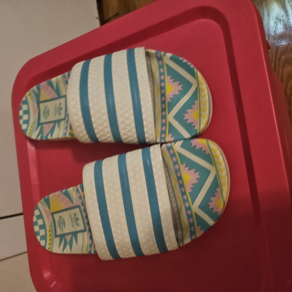 Adidas Blue and White Sandals with Geometric Design